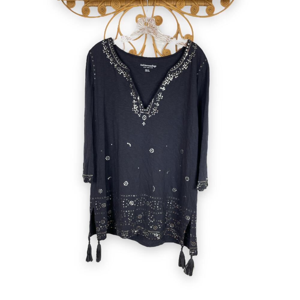 Soft Surroundings Kerala Sequin Tassel tunic Top Black Mp